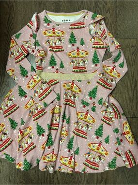 Mini Boden Pink Holiday Carousel Dress with Red, Green & Yellow Accents